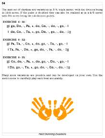 Hand Drumming Excursions sample page of syncopated phrases.